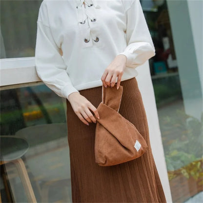 Autumn Winter Lightweight Corduroy Wrist Knot Tote Bag Small Coin Purse for Ladies Girls
