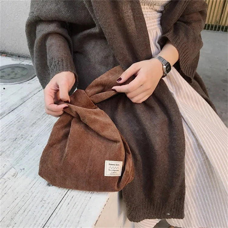 Autumn Winter Lightweight Corduroy Wrist Knot Tote Bag Small Coin Purse for Ladies Girls