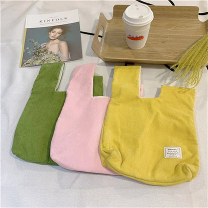 Autumn Winter Lightweight Corduroy Wrist Knot Tote Bag Small Coin Purse for Ladies Girls