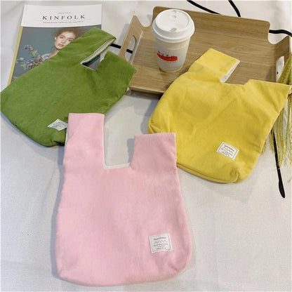 Autumn Winter Lightweight Corduroy Wrist Knot Tote Bag Small Coin Purse for Ladies Girls