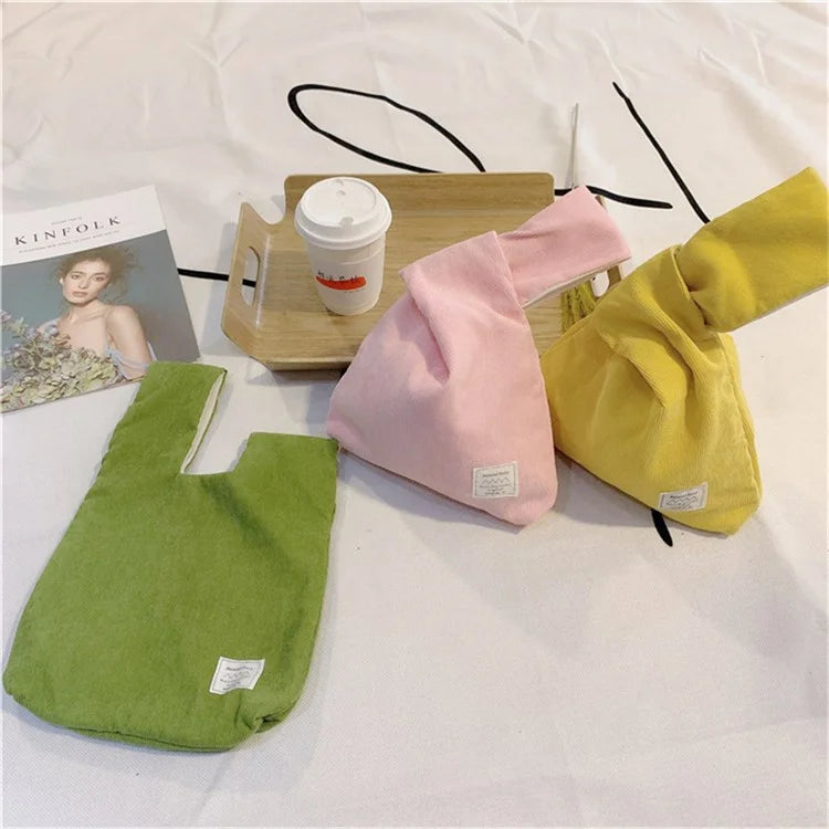 Autumn Winter Lightweight Corduroy Wrist Knot Tote Bag Small Coin Purse for Ladies Girls