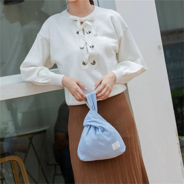 Autumn Winter Lightweight Corduroy Wrist Knot Tote Bag Small Coin Purse for Ladies Girls