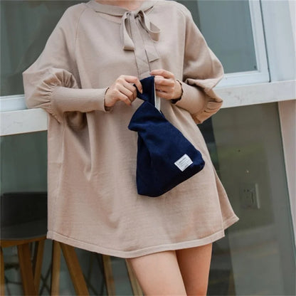 Autumn Winter Lightweight Corduroy Wrist Knot Tote Bag Small Coin Purse for Ladies Girls
