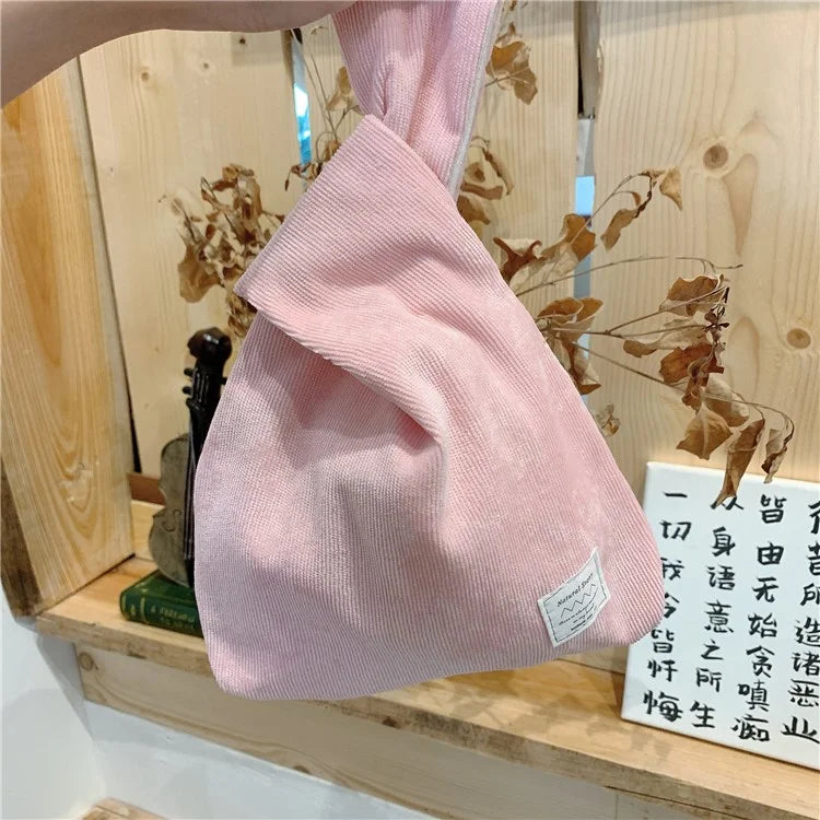 Autumn Winter Lightweight Corduroy Wrist Knot Tote Bag Small Coin Purse for Ladies Girls