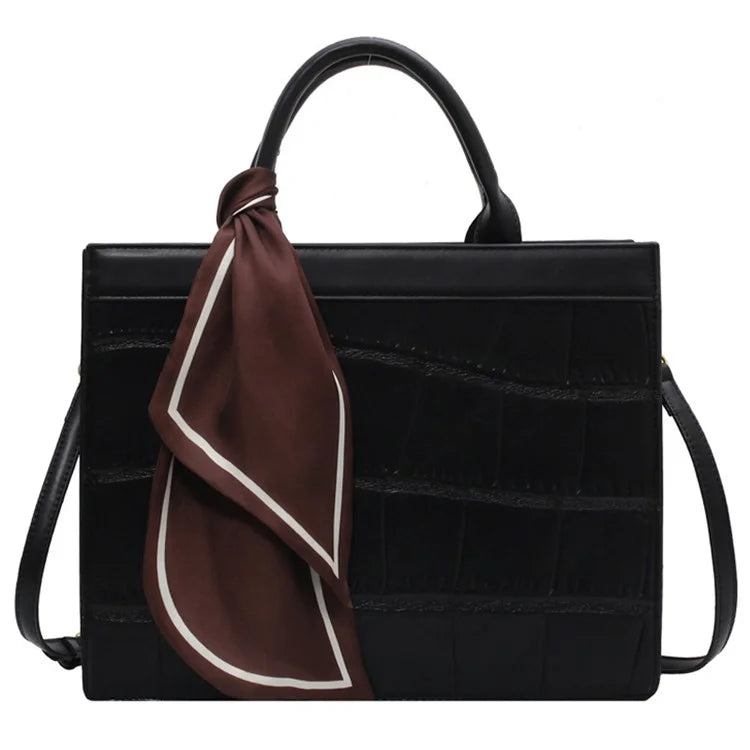 Crocodile Texture PU Leather Shoulder Bag Women Square Crossbody Tote Handbag with Scarf Decor, Size L