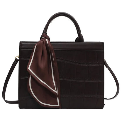 Crocodile Texture PU Leather Shoulder Bag Women Square Crossbody Tote Handbag with Scarf Decor, Size L