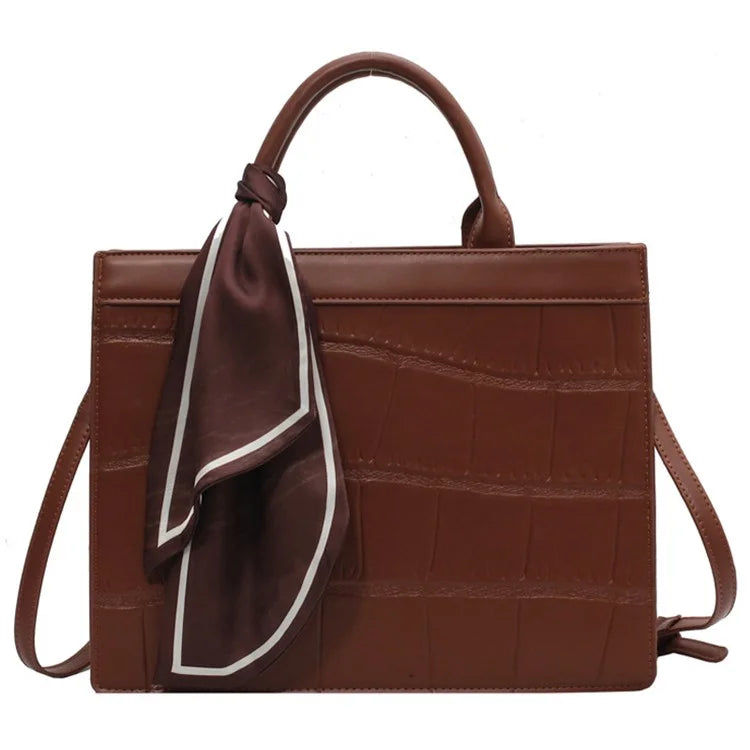 Crocodile Texture PU Leather Shoulder Bag Women Square Crossbody Tote Handbag with Scarf Decor, Size L
