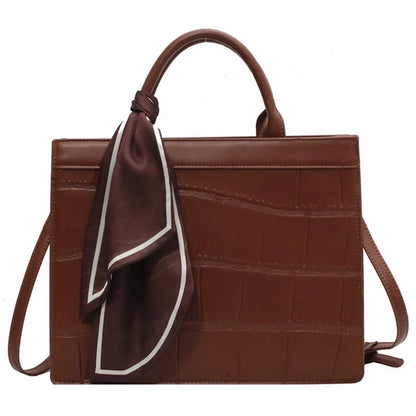 Crocodile Texture PU Leather Shoulder Bag Women Square Crossbody Tote Handbag with Scarf Decor, Size L
