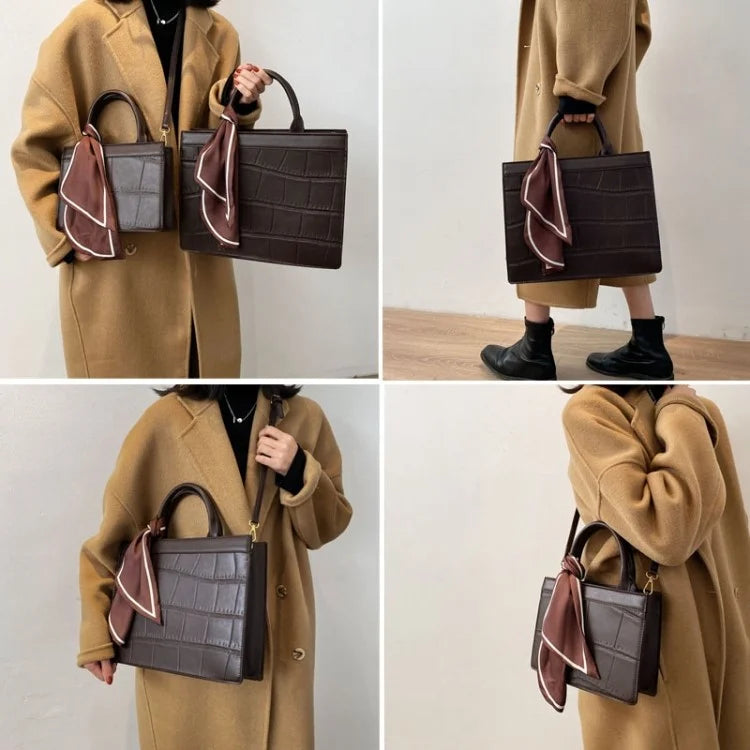 Crocodile Texture PU Leather Shoulder Bag Women Square Crossbody Tote Handbag with Scarf Decor, Size L