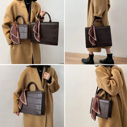 Crocodile Texture PU Leather Shoulder Bag Women Square Crossbody Tote Handbag with Scarf Decor, Size L