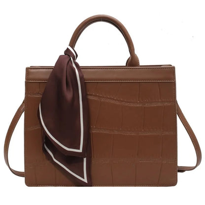 Crocodile Texture PU Leather Shoulder Bag Women Square Crossbody Tote Handbag with Scarf Decor, Size L