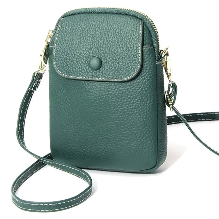 S9925 Cellphone Holder Small Crossbody Bag Top Layer Cowhide Leather Shoulder Bagish Green