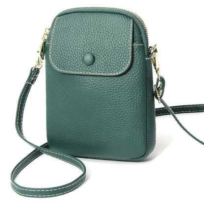 S9925 Cellphone Holder Small Crossbody Bag Top Layer Cowhide Leather Shoulder Bagish Green