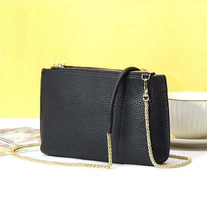 669 Zipper Top-Layer Cowhide Leather Wallet Clutch Purse Chain Strap Crossbody Shoulder Bag Handbag