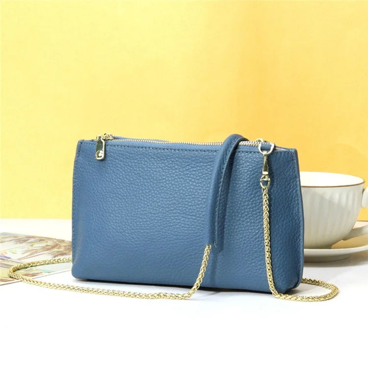 669 Zipper Top-Layer Cowhide Leather Wallet Clutch Purse Chain Strap Crossbody Shoulder Bag Handbag