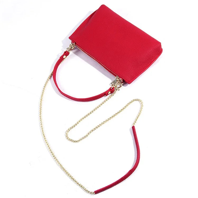 669 Zipper Top-Layer Cowhide Leather Wallet Clutch Purse Chain Strap Crossbody Shoulder Bag Handbag