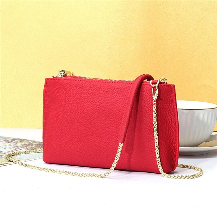 669 Zipper Top-Layer Cowhide Leather Wallet Clutch Purse Chain Strap Crossbody Shoulder Bag Handbag