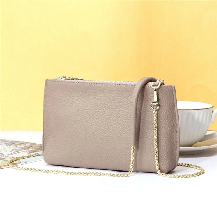 669 Zipper Top-Layer Cowhide Leather Wallet Clutch Purse Chain Strap Crossbody Shoulder Bag Handbag