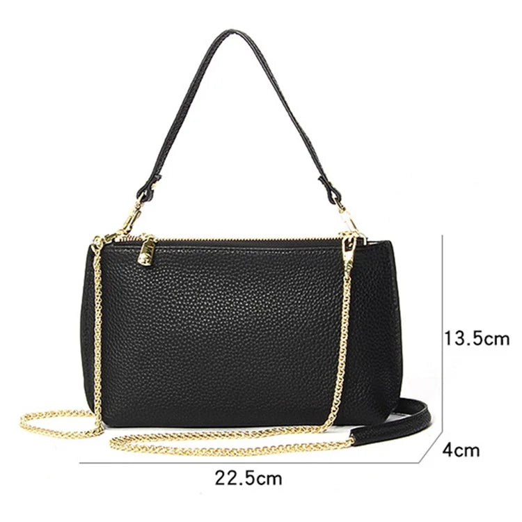 669 Zipper Top-Layer Cowhide Leather Wallet Clutch Purse Chain Strap Crossbody Shoulder Bag Handbag
