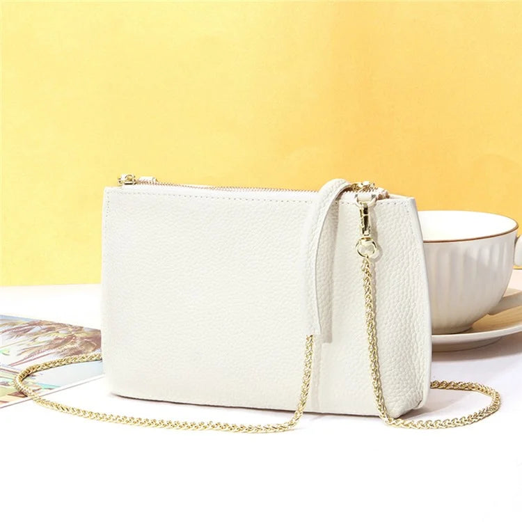 669 Zipper Top-Layer Cowhide Leather Wallet Clutch Purse Chain Strap Crossbody Shoulder Bag Handbag