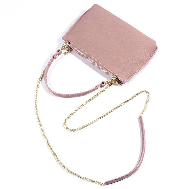 669 Zipper Top-Layer Cowhide Leather Wallet Clutch Purse Chain Strap Crossbody Shoulder Bag Handbag