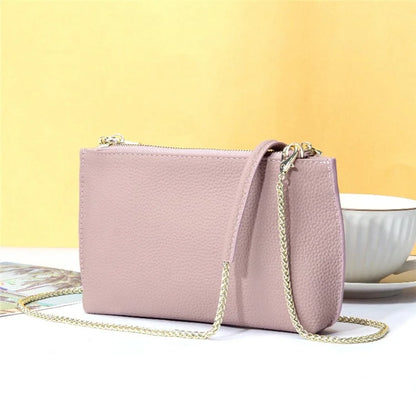 669 Zipper Top-Layer Cowhide Leather Wallet Clutch Purse Chain Strap Crossbody Shoulder Bag Handbag