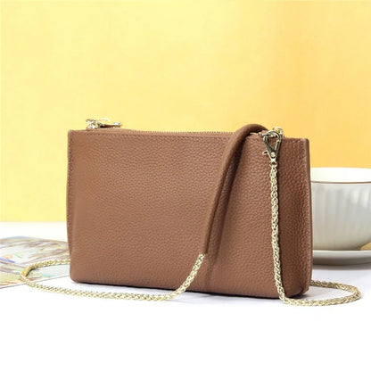 669 Zipper Top-Layer Cowhide Leather Wallet Clutch Purse Chain Strap Crossbody Shoulder Bag Handbag
