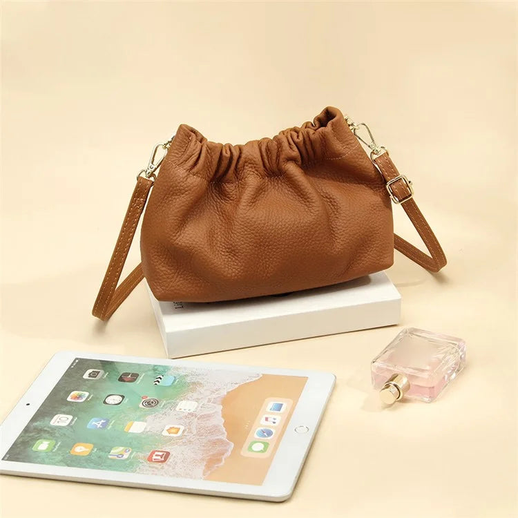 9953 Stylish Pleated Design First Layer Cowhide Women Single Shoulder Crossbody Bag