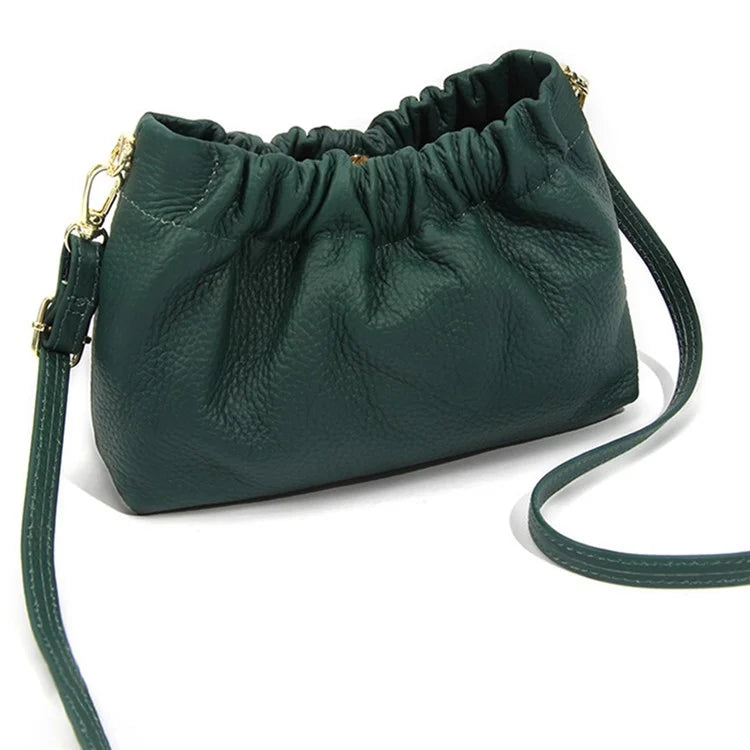 9953 Stylish Pleated Design First Layer Cowhide Women Single Shoulder Crossbody Bagish Green