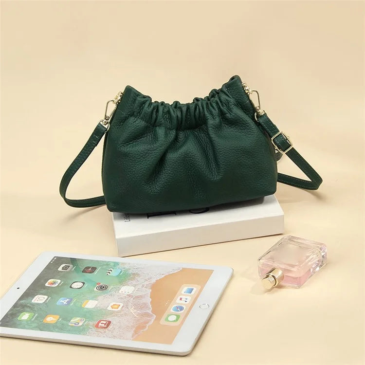 9953 Stylish Pleated Design First Layer Cowhide Women Single Shoulder Crossbody Bagish Green