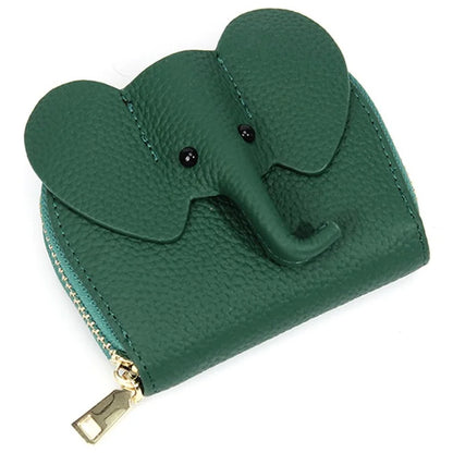 6288 Zipper Coin Purse Cute Elephant Design Women Top Layer Cowhide Leather Organ Card Bagish Green