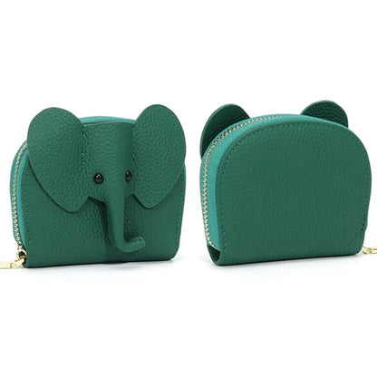 6288 Zipper Coin Purse Cute Elephant Design Women Top Layer Cowhide Leather Organ Card Bagish Green