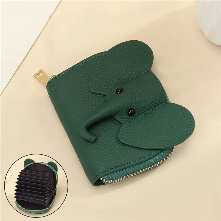 6288 Zipper Coin Purse Cute Elephant Design Women Top Layer Cowhide Leather Organ Card Bagish Green