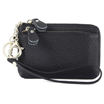 C30 Coin Card Holder Bag Top Layer Cowhide Leather Mini Wallet with Keychain and Wrist Strap
