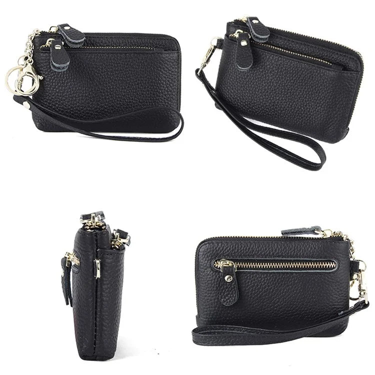 C30 Coin Card Holder Bag Top Layer Cowhide Leather Mini Wallet with Keychain and Wrist Strap