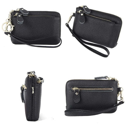 C30 Coin Card Holder Bag Top Layer Cowhide Leather Mini Wallet with Keychain and Wrist Strap