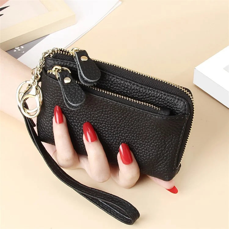 C30 Coin Card Holder Bag Top Layer Cowhide Leather Mini Wallet with Keychain and Wrist Strap
