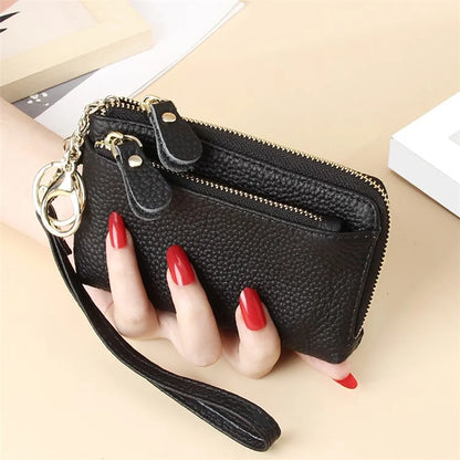 C30 Coin Card Holder Bag Top Layer Cowhide Leather Mini Wallet with Keychain and Wrist Strap