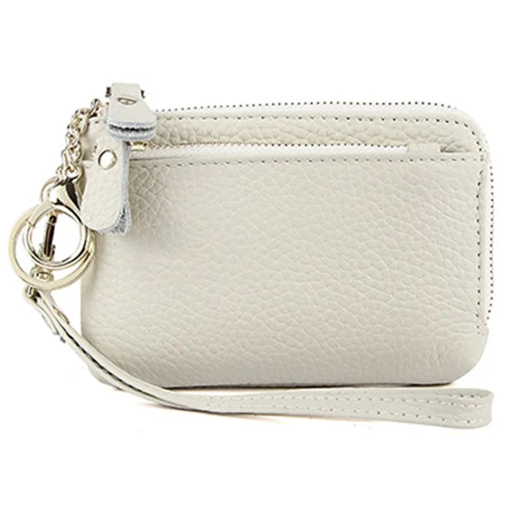 C30 Coin Card Holder Bag Top Layer Cowhide Leather Mini Wallet with Keychain and Wrist Strap