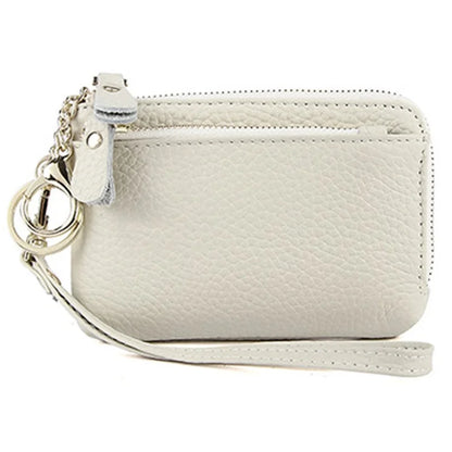 C30 Coin Card Holder Bag Top Layer Cowhide Leather Mini Wallet with Keychain and Wrist Strap