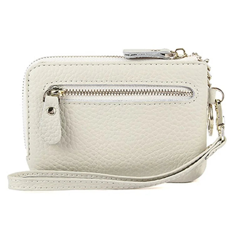 C30 Coin Card Holder Bag Top Layer Cowhide Leather Mini Wallet with Keychain and Wrist Strap