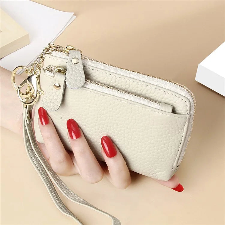 C30 Coin Card Holder Bag Top Layer Cowhide Leather Mini Wallet with Keychain and Wrist Strap