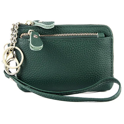 C30 Coin Card Holder Bag Top Layer Cowhide Leather Mini Wallet with Keychain and Wrist Strapish Green