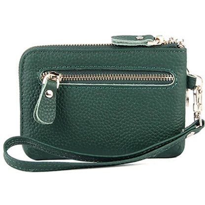 C30 Coin Card Holder Bag Top Layer Cowhide Leather Mini Wallet with Keychain and Wrist Strapish Green