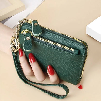 C30 Coin Card Holder Bag Top Layer Cowhide Leather Mini Wallet with Keychain and Wrist Strapish Green