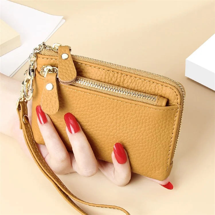 C30 Coin Card Holder Bag Top Layer Cowhide Leather Mini Wallet with Keychain and Wrist Strap