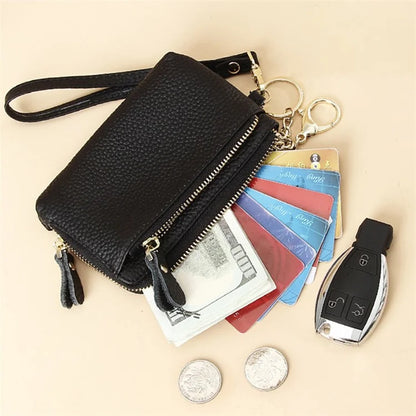 C30 Coin Card Holder Bag Top Layer Cowhide Leather Mini Wallet with Keychain and Wrist Strap