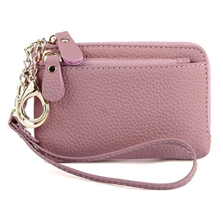 C30 Coin Card Holder Bag Top Layer Cowhide Leather Mini Wallet with Keychain and Wrist Strap