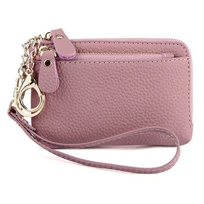 C30 Coin Card Holder Bag Top Layer Cowhide Leather Mini Wallet with Keychain and Wrist Strap