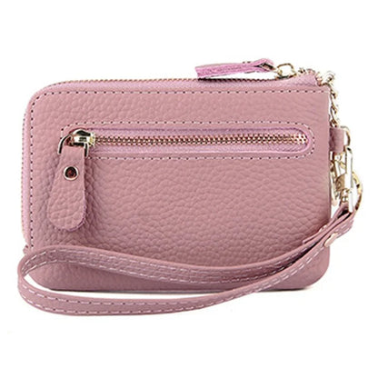 C30 Coin Card Holder Bag Top Layer Cowhide Leather Mini Wallet with Keychain and Wrist Strap